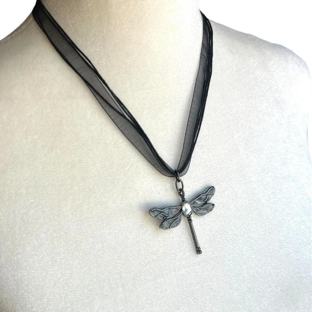 Beautiful  Dragonfly Pendant with Black Ribbon Necklace